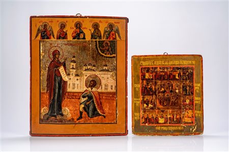 Lotto di due icone su tavola raffiguranti l’Apparizione della Vergine a sant’Alessio e le Dodici Grandi Feste. Russia, XIX secolo