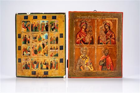 Lotto di tre icone su tavola: una raffigurante le Dodici Grandi Feste, due quadripartite. Russia, XIX secolo