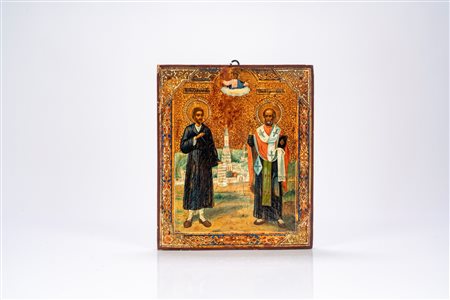 Icona su tavola a tempera e foglia d’oro raffigurante san Simeone il Giusto e san Nicola Taumaturgo. Russia, XIX secolo
