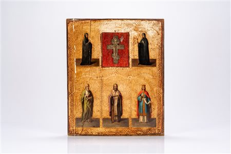 Icona stauroteca su tavola con Cristo crocifisso in metallo tra santi. Russia, XIX secolo
