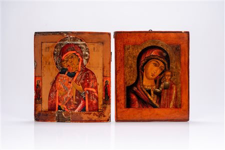 Due icone a tempera su tavola raffiguranti la Vergine Feodorovskaya e la Vergine di Kazan. Russia, inizio XIX secolo