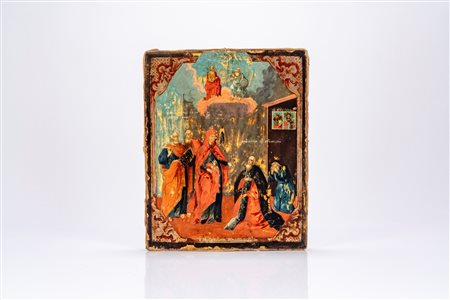 Icona su tavola raffigurante l’apparizione della Vergine a san Sergio di Radonež, fondatore del Monastero della Trinità. Russia, inizi XIX secolo