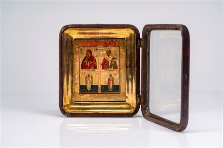 Icona quadripartita a tempera e fondo oro su tavola raffigurante la Madonna di Vladimir, san Nicola Taumaturgo, l’angelo custode e san Caralampo, entr […]