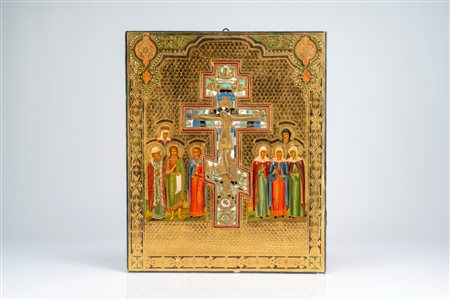 Icona stauroteca su tavola a tempera e fondo oro con croce ortodossa a otto punte in metallo e smalti policromi raffigurante Cristo crocifisso tra san […]