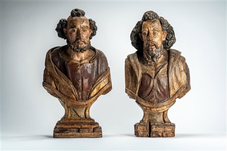 Due busti su basi a plinto in legno intagliato e dipinto raffiguranti San Filippo e San Simone, secolo XVIII-XIX