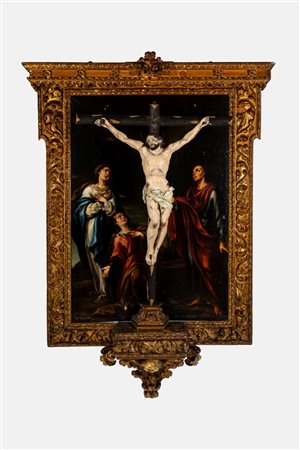 Retablo con Cristo crocifisso tra Maria, San Giovanni Evangelista e Maria Maddalena. Fine XVII secolo