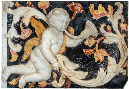Importante pannello a tecnica mista in marmo scolpito e intarsiato raffigurante putto tra girali fogliati. Palermo, secolo XVIII