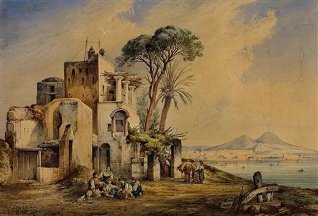 Consalvo Carelli (1818-1900) Golfo di Napoli Tecnica mista su carta cm 38x55...