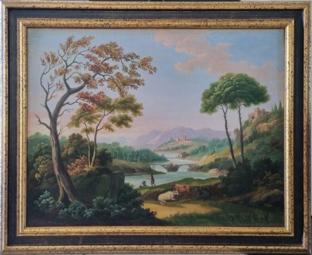 Giuseppe Zais (attr.) (1709-84) Paesaggio fluviale con pastori, 1770/80 Olio...