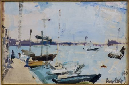 Neno Mori (1899-1968) Zattere, 1966 Olio su tavola cm 20x30 Firma e data in...