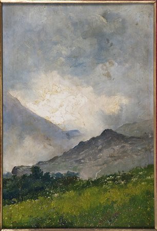 Lorenzo Delleani (1840-1908) In montagna, 1890 Olio su tavola cm 48x62 Timbro...