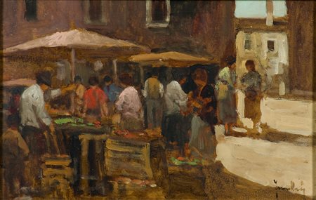 Enrico Frattini (1890-1968) Mercato Olio su tavola cm 26x40 Firma in basso a...