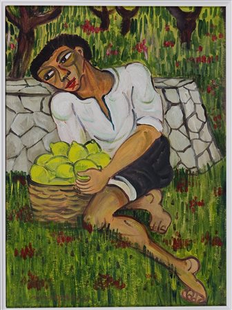 Giuseppe Migneco (1908-1997) Uomo con cesta di limoni Olio su cartone cm...
