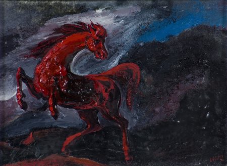 Aligi Sassu (1912-2000) Cavallino rosso sul nero, 1960 Olio su cartone cm...