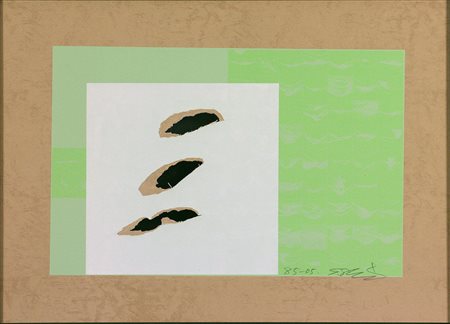 Shozo Shimamoto (1928-2013) Hole 04, 1985-2005 serigrafie e buco su carta cm...