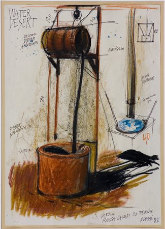 Fabrizio Plessi (1940) Water desert, 1985 Tecnica mista su cartoncino cm...