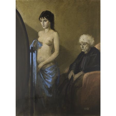 Alberto Sughi (Cesena 1928 - Bologna 2012) "Ragazza allo specchio e donna anziana"