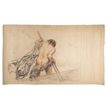 Giuseppe Rivaroli (Cremona 1885 - Roma 1943) "Rematore. Mare Ionio. Bozzetto per gli affreschi del Ministero della Marina"