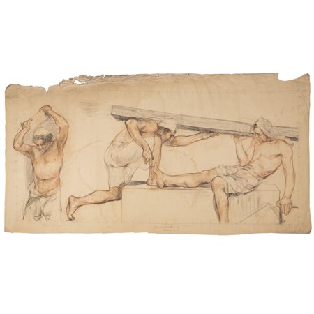 Giuseppe Rivaroli (Cremona 1885 - Roma 1943) "Lavoro nel porto - Genova. Bozzetto per gli affreschi del Ministero della Marina"