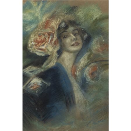 Camillo Innocenti (Roma 1871 - Roma 1961) "Ritratto di donna con fiori"