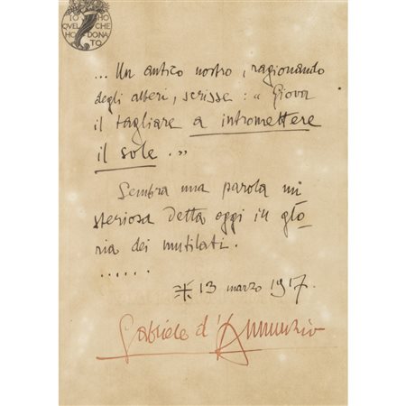 Gabriele D'Annunzio (Pescara 1863 - Gardone Riviera 1938) Manoscritto autografo