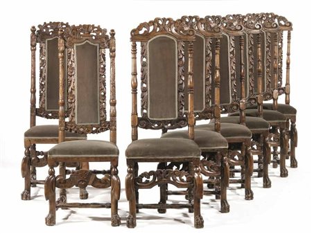 SEI SEDIE, INGHILTERRA, METÀ SECOLO XVII, in noce e legno dolce intagliati,...