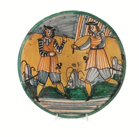 PIATTO, MONTELUPO, FINE SECOLO XVIIdi maiolica,la forma svasata, con orlo...