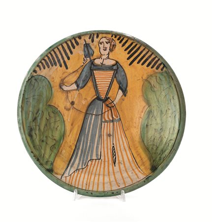 PIATTO, MONTELUPO, FINE SECOLO XVIIdi maiolica, la forma svasata, con orlo...