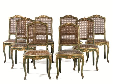 OTTO SEDIE, ROMA, METÀ SEC. XVIIIin legno intagliato e dorato, spalliera...