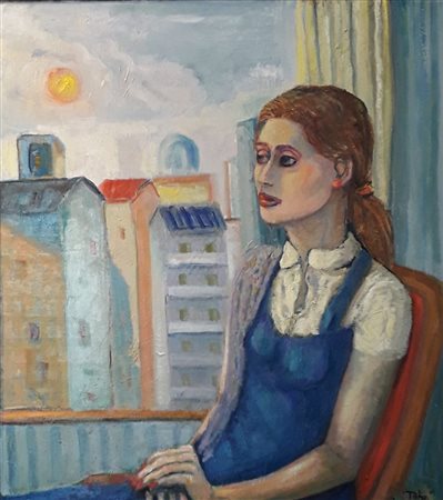 Piero Comandè, Ragazza alla finestra e sole rosso, 2021