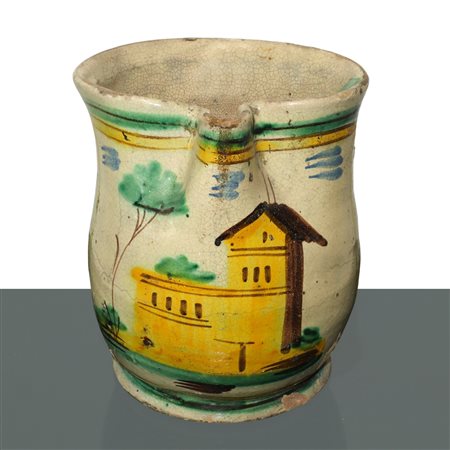 Cannata in maiolica di Caltagirone dipinta policroma con casa sul fronte, 1953