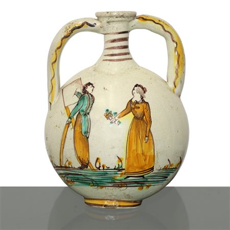Borraccia in maiolica di Caltagirone dipinta policroma con figura femminile ritratta da un pittore, 19° secolo
