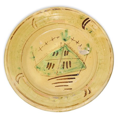 Piatto in maiolica di Caltagirone dipinto policromo colore verde e manganese, fine 19° secolo