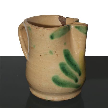 Cannata in miaolica policroma di Caltagirone. smaltata con decori di foglie, 20° secolo