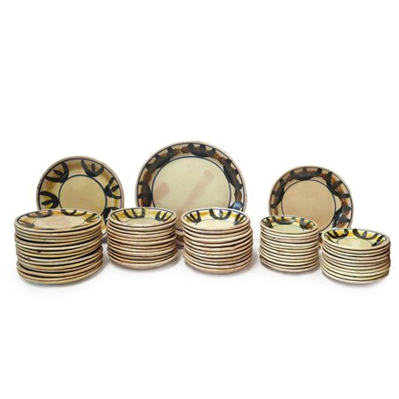 Piscitello - Servizio di piatti da 12 in maiolica di Santo Stefano di Camastra beige con decori blu gialli e neri