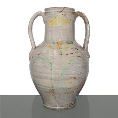 Quartara in maiolica di Caltagirone invetriata bianca  con fiore policromo sul fronte