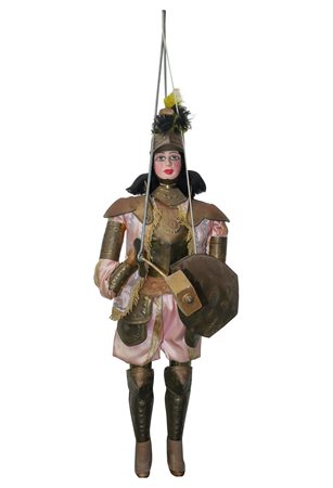 Pupo siciliano con armatura in metallo e vestiti in tessuto rosa