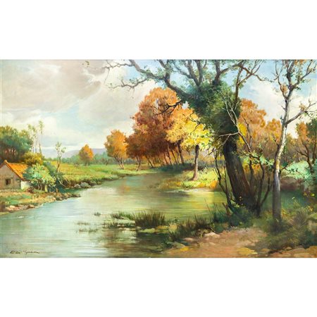 Emanuele  Di Giovanni (1887 - 1979)  - Paesaggio fluviale con alberi e casa