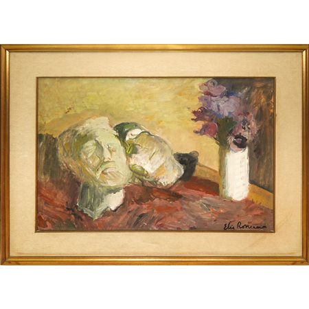 Elio Romano (Trapani 1909 - Catania 1996)  - Natura morta con scultura e vaso con fiori