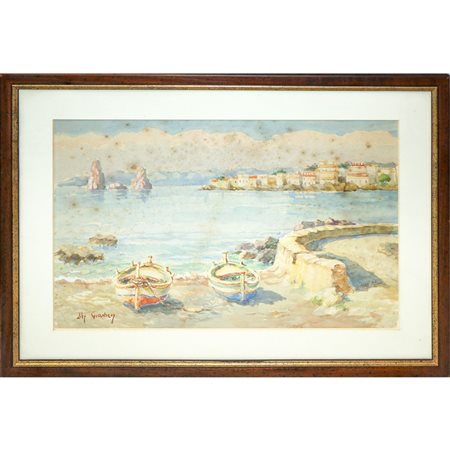 Lily  Giachery (Inghilterra 1907 - Taormina 1994)  - Faraglioni di acitrezza con barche a secco