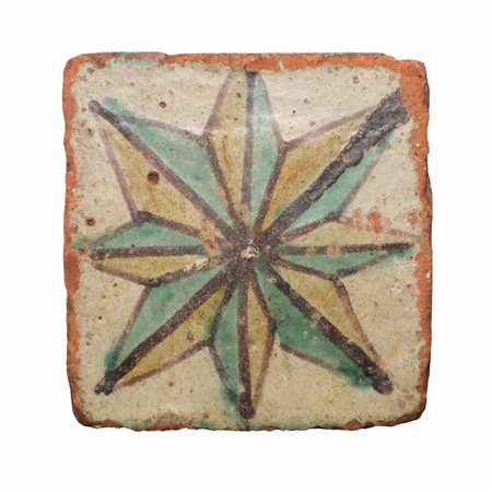 Tozzetto in maiolica di Caltagirone raffigurante rosa dei venti, 19° secolo