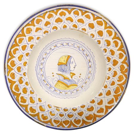 Deruta - Piatto in ceramica dipinto policromo con dama sul fronte, mid-20° secolo