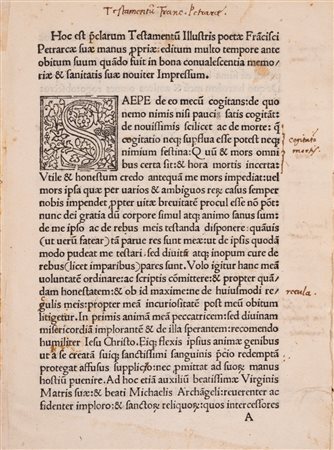 Il testamento a stampa di Francesco Petrarca, una delle poche copie conosciute, dove lascia a Boccaccio 50 fiorini d'oro.