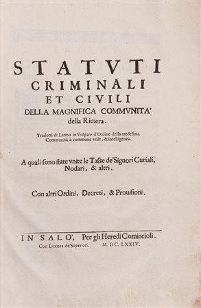 Statuti criminali et civili della magnifica communità della Riviera, 1674 (…)