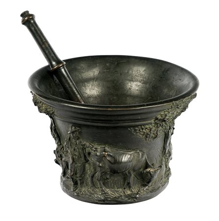 Lorenzo Bartolini, Mortaio in bronzo con scene pastorali sulla fascia e...