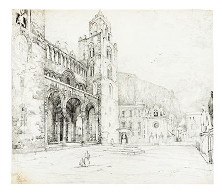 Friedrich August Elsasser, Veduta del duomo di Cefalù / veduta di Palmi o...