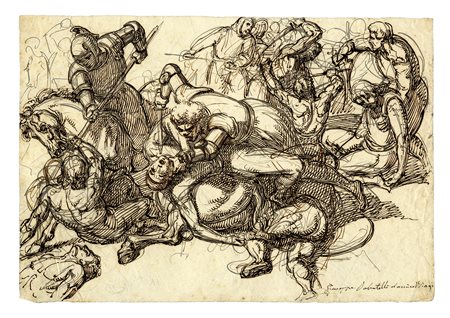 Giuseppe Sabatelli, Scena di battaglia. 1842 ca. Penna e inchiostro bruno su...