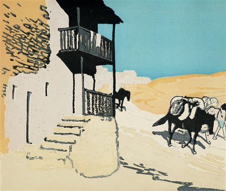 Giuseppe Biasi, In paese a Fonni. 1932. Linoleografia. mm 290x348. (1) Opera...