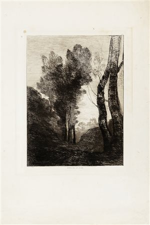 Jean-Baptiste-Camille Corot, Environs de Rome. 1866. Acquaforte. mm 315x240....