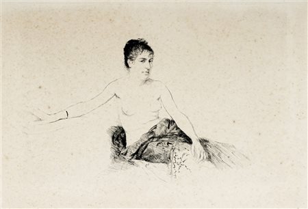 Giuseppe De Nittis, Femme assise le torse dénudé. 1875. Acquaforte e...